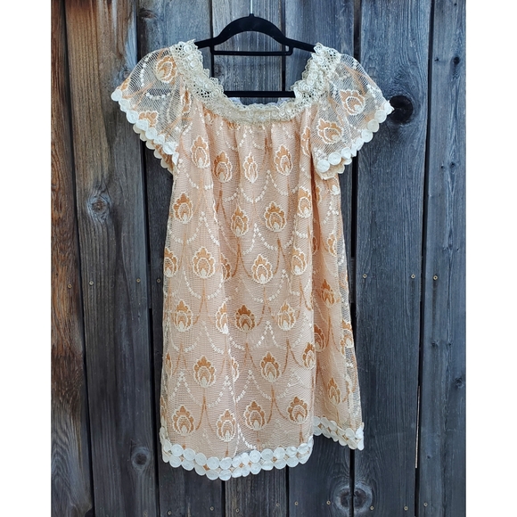 Anthropologie Lace Off the Shoulder Cream Peach Dress - Picture 2 of 7